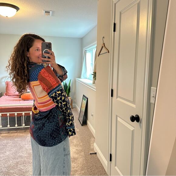 Staud Blue Red Artsy Patchwork Long Sleeve Button Front Top Blouse Medium - Picture 2 of 16